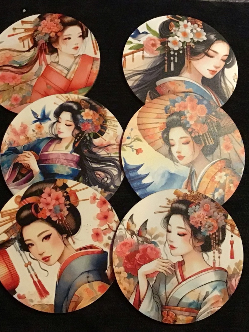 Set of 6 Decorative Geisha Art Coasters - Floral Kimono Designs